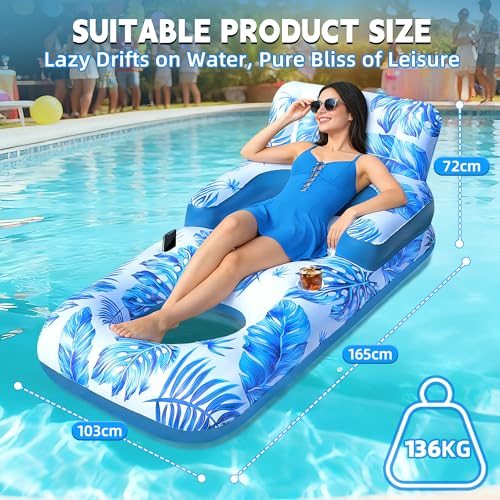 ChlorBlu Adult Inflatable Pool Mattress, Adult Swimming Pool Ring with Pillow and Handles, Drink Holder and Phone Holder, Inflatable Pool Chair for Adults, Tanning Pools