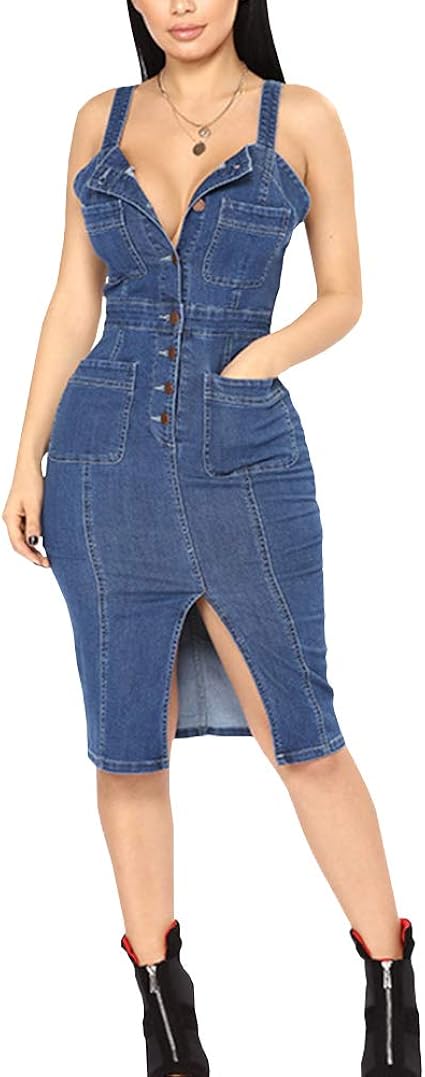 Damen Jeans Latzkleid - Ärmellos Mit Taschen A-Linie Design Knielang