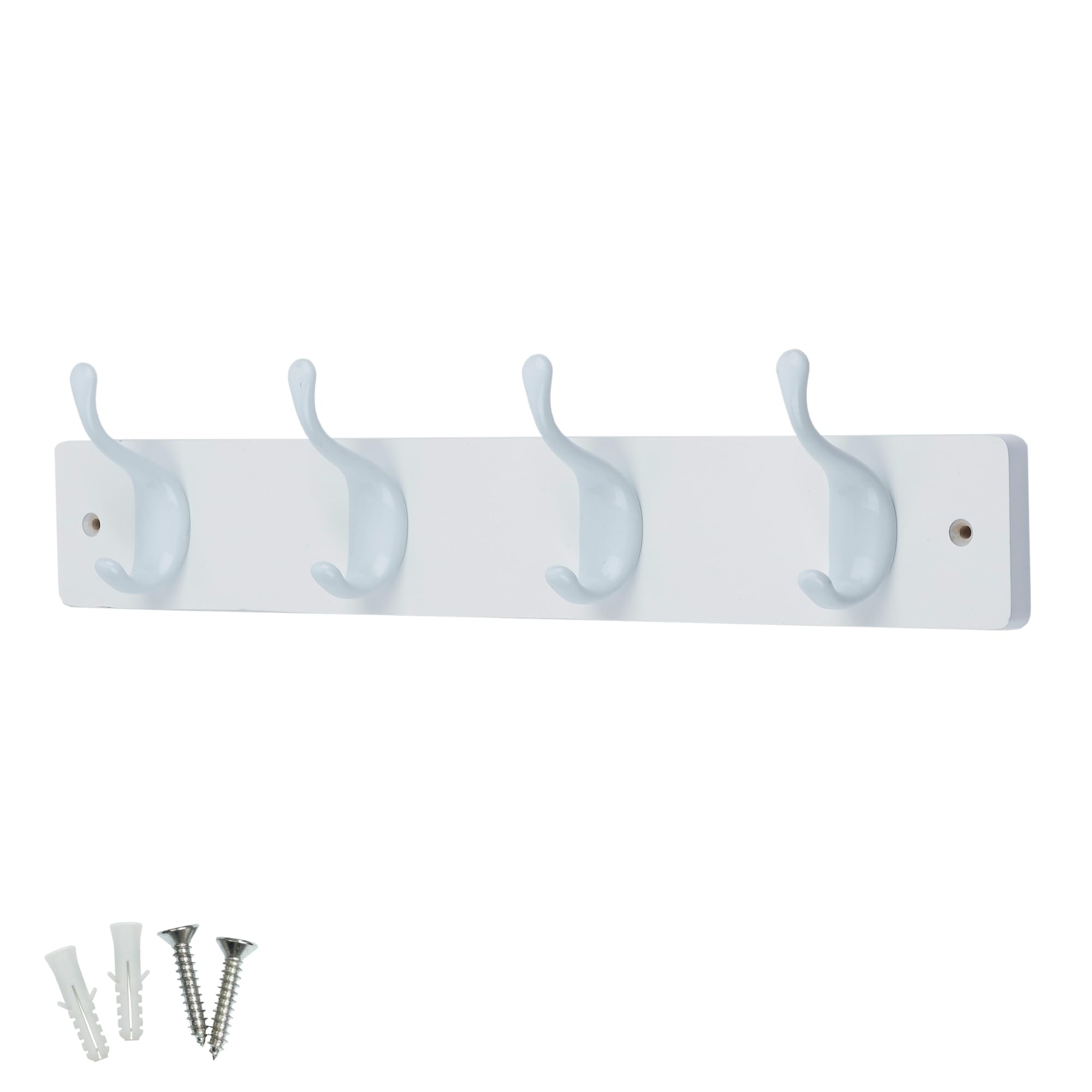 keypak 4 White Gloss Coat Hooks on White Wooden 46cm Board - Modern Wall Door Mounted Coat Rack Clothes Hanger