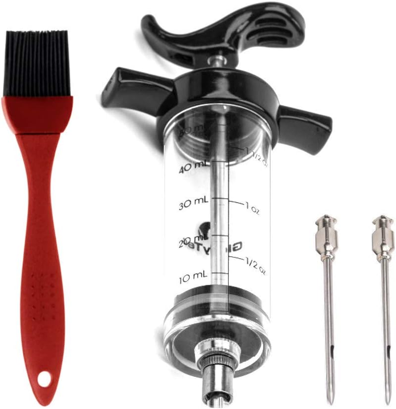 Premium Marinierspritze mit Marinierpinsel - Ideal als Fleischspritze Bratenspritze mit 2 Nadeln oder Gebäckspritze für Füllungen zum Backen- Pökelspritze 50ml von GloryTec