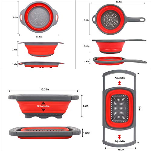 Huanlemai 3-Packs Red Kitchen Collapsible Colander Set with Extendable Handles Over The Sink - BPA Free Silicone Folding Strainer for Draining Pasta, Vegetable, Fruit (6qt, 4qt, 2qt)