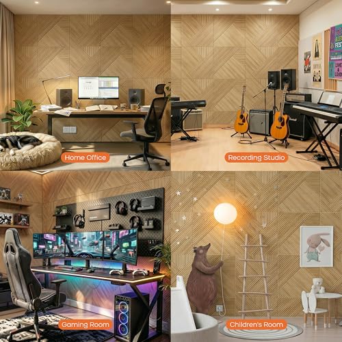 BUBOS Large Acoustic Panels,6 Pack Wood-Pattern Printing Soundproof Wall, Total Size 70.8 x 47.2 Inches Self-Adhesive Decorative Sound Absorbing Panels for Studio, Home,Light Diamond Weave