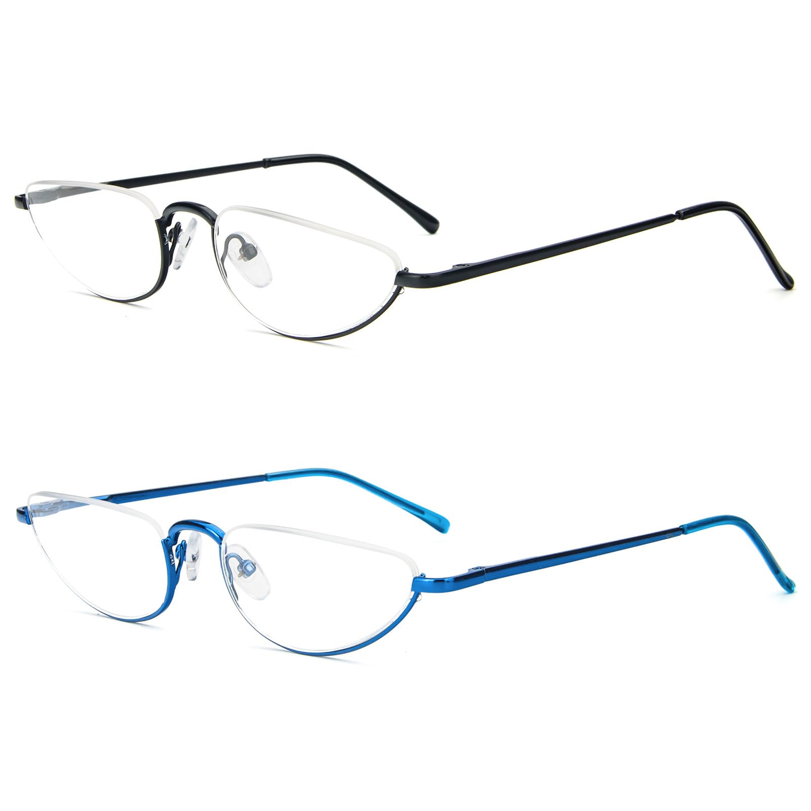KoKoBin 2 Pack Reading Glasses Unisex Half Moon Half Frame Metal Spring Hinge Slim Reader (Black Blue, 3.00, Dioptres)