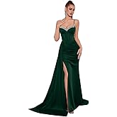 Women's Spaghetti Strap Rhinestone Evening Gown, V Neck Sparkly Formal Dress for Wedding Guest Party Club Night Prom