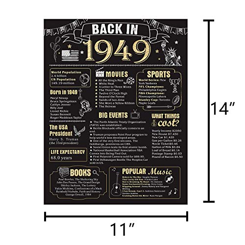 70 Years Ago Birthday or Wedding Anniversary Poster 11 x 14 Party Decorations Supplies Large 70th Party Sign Home Decor for Men and Women (Back in 1949-70 Years)