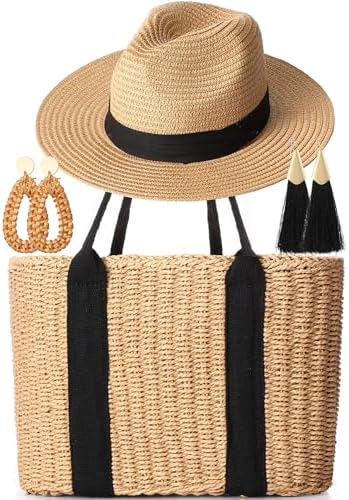 Loetere 5 Pcs Women Straw Bag and Hat Set, Large Straw Beach  display picture 2