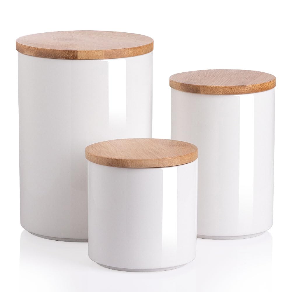 Photo 1 of Sweejar Ceramic canisters for kitchen counter,Stackable Food Containers Set with Airtight Seal Bamboo Lid for Serving Ground Coffee, Tea, Spice, Flour and Sugar-Set of 3 (White)