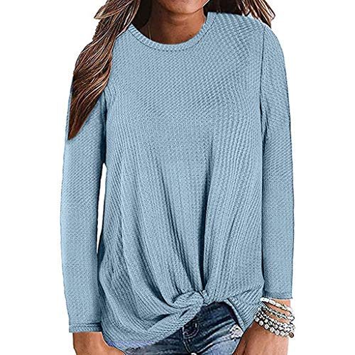 Long Sleeve Shirts for Women,Knot Waffle Knit Tunic Blouse Cute Shirts Tops (M, Blue)