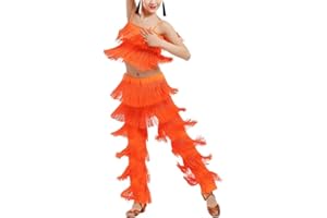 Libaobaoyo Girls 2 Piece Latin Ballroom Dance Outfits Set Tassel Camisole Fringe Pants Modern Salsa Dancewear