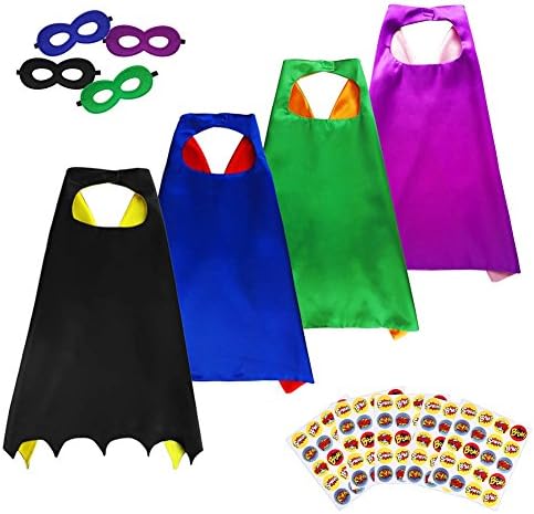 Superhero Capes, 4 Packs Party Dress Up Capes, Reversible Dual Color with 4 Masks & 100 Superhero Stickers for Kids