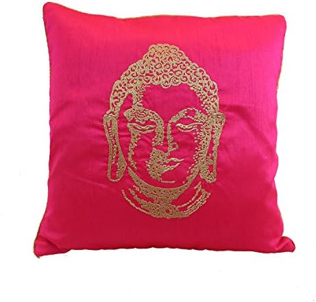 Stylla London Designer Buddha Face Ethnic Embroidery Silk Cushion Cover (Pink)