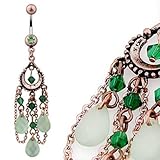 Vintage Navel Ring with Peridot , Beads and 3-Pear Shaped Jade color Light green Adventurine Dangles