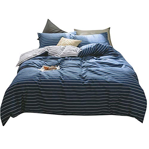 Navy Blue Striped Queen Duvet Cover Set Cotton Hotel Quality Luxury Bedding Set Full Modern Reversible Bedding Collection 1 Duvet Cover with 2 Pillowcases 2 Piece Duvet Quilt Cover Set Full Queen Bed