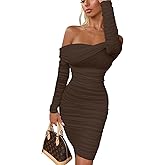 GOKATOSAU Women's Sexy Elegant Ruffle Long Sleeve Off Shoulder Ruched Party Mini Dress