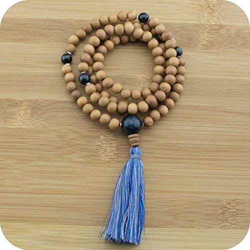 Mala Beads Necklace with Sandalwood &amp; Blue Tigers Eye