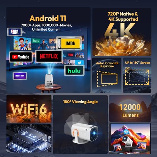 [2026 Upgraded & Android 14.0] Mini Projector Native 720P HD, Supports 4K 1080P, XGODY Gimbal 3 Pro Portable Projector 12000 Lumen, WiFi 6, Bluetooth, Auto Keystone, Video Projector for Home Cinema