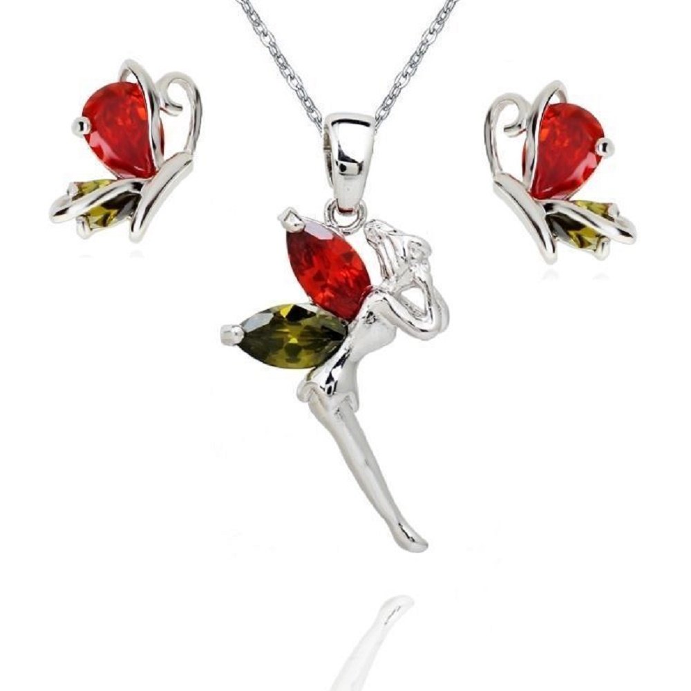 Crystalline Azuria Women Girls 18ct White Gold Plated Colorful Zirconia Crystals Fairy Tinkerbell Butterfly Set Necklace Stud Earrings