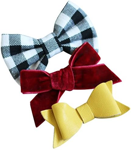 Girls Hair Bows (3 pack) - Alligator Clip Hair Accessories - by Clara Josie (Black and White Buffalo Checkered, Maroon Velvet, Mustard Yellow Leather)