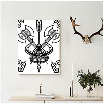 Liguo88 Custom canvas Viking Wall Hanging Helmet with Horn Arrow Axe Antique War Celtic Style Medieval Battle Culture Art Prints Decor Black White
