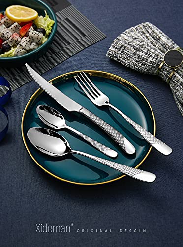 Xideman 24-piece hammered table cutlery with serrated knife 2 in 1 ultra sharp, 18/10 stainless steel cutlery set for 6 people, cutlery set knives, forks, spoons.