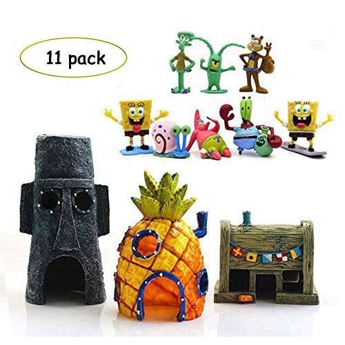 easy-cozy Spongebob Squidward Fish Tank Decorations – Fun Spongebob Aquarium Decorations Kid Aquarium Decor Ornament 11 Pcs Set, Aquarium Fish Tank Decor