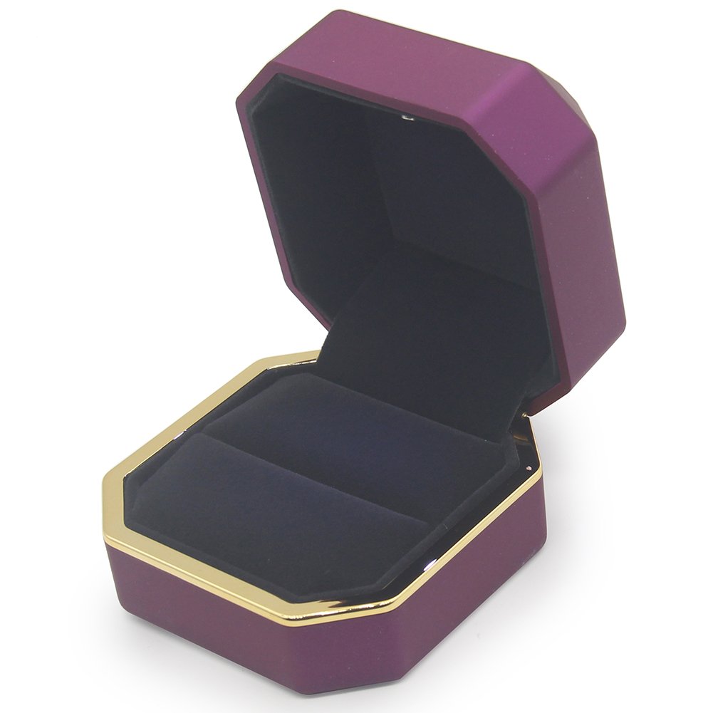 AVESON Luxury Ring Box, Square Velvet Wedding Ring Case Jewelry Gift Box with LED Light for Proposal Engagement Wedding, Purple