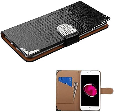 Case+Stylus, Fits Nokia 1320 (Lumia 1320) Black Crocodile Skin Wallet with Metal Diamonds Buckle & Silver Plating