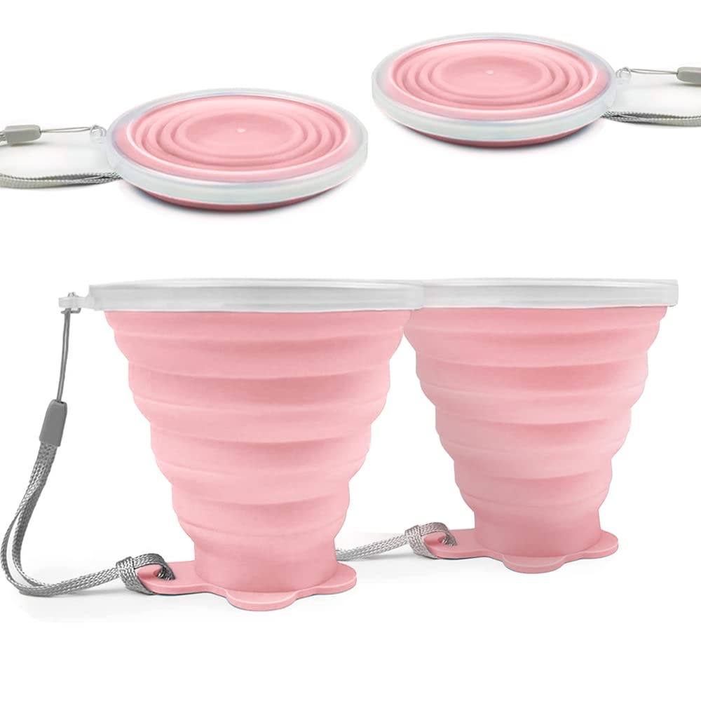 FUZVOL Silicone Foldable Cup with Plastic Sealing Lid for Camping, 2 Pack Collapsible Silicon Portable Travel Cup, BPA Free Reusable Retractable Drink Mug for Outdoor Hiking Picnic Travel Sakura Pink
