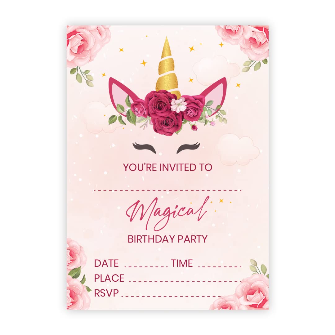 Kirsten McMillan 32 Flower Unicorn Birthday Party Invitations for Kids with Envelopes - Pack of 32 Flower Unicorn Party Invites for Girls - Designed and Printed in the UK