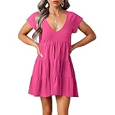 FOWSMON Women's Casual Summer Dress Sexy V Neck Short Sleeve Flowy Ruffle 2026 Trendy Short Mini Dresses