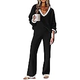 ETCYY NEW Womens 2 Piece Outfits Sweater Lounge Set Casual V Neck Knit Pajama Set Long Sleeve Top Wide Leg Pants Loungewear