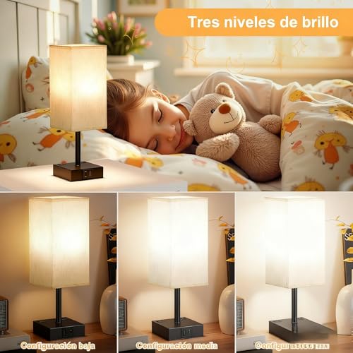 Lylilidy 2 PC Lámparas de Mesa y Buró (FOCO INCLUIDO), Lamparas de Mesa recamara Control Táctil, 2 Salidas de CA y 2 Puertos USB (A+C), 3 Niveles de Brillo