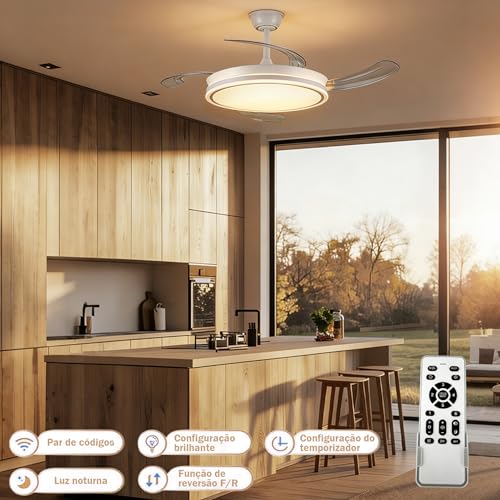 Ventilador de Teto Retrátil 42'' com Luz LED e Controle Remoto, Bivolt 110V/220V, Branco