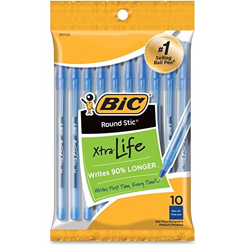 Bic Round Stic Xtra Life Medium Ballpoint Pen, Blue Ink 10 ea (Pack of 3)