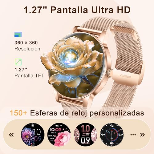 Fitdafit Reloj Inteligente Mujer, 1.27" HD Smartwatch Mujer con Llamadas Bluetooth, IP68 Impermeable Smart Watch con Monitor Sueño, Podómetro, Pulsómetro, 110+ Deportes Relojs Salud para Android iOS