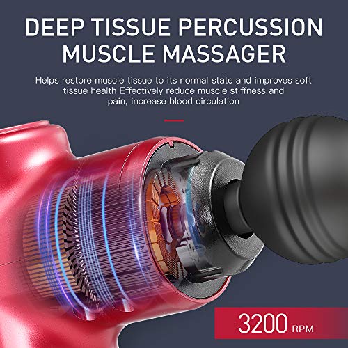 Massage Gun Deep Tissue for Athletes - Handheld Portable Electric Full Body Percussion Massager for Pain Relief, 6 Speed with 5 Massage Heads (Red)