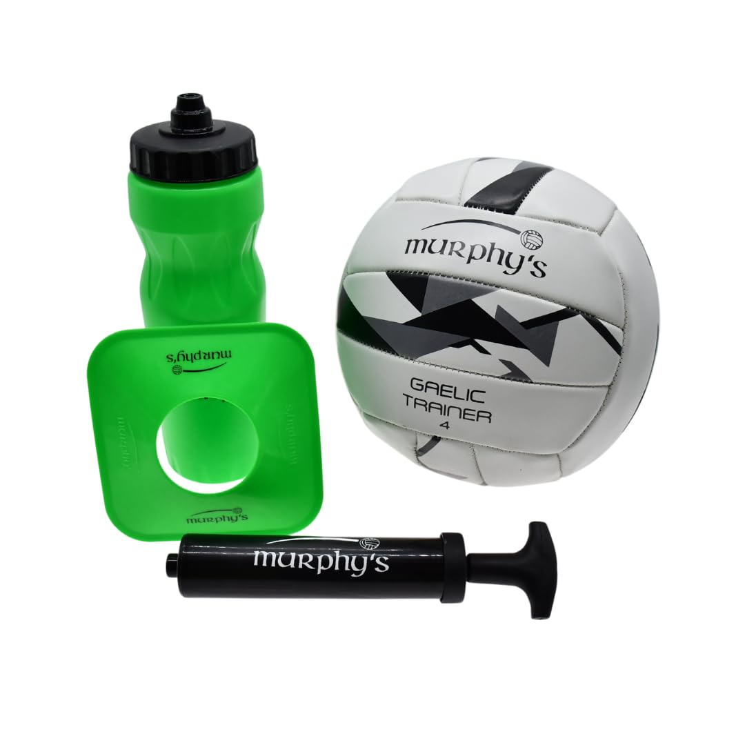 Murphy's Gaelic Football Trainer Set, Size 4 Ball, Kicking Tee, Water Bottle, Pump and Mesh Bag, Gaelic Training Equipment Gift, Green/White/Black