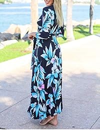 DUNEA - Vestido largo de cuello en V para mujer, manga 3 4, estampado floral, con bolsillos y cinturón