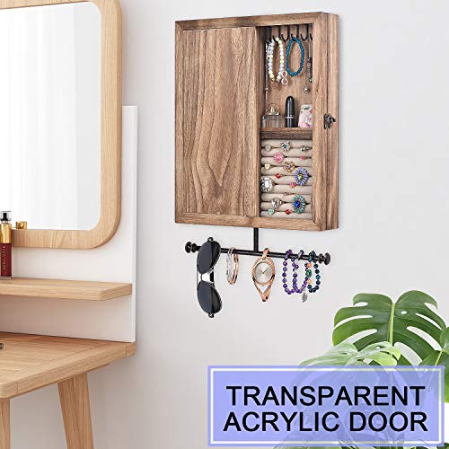 Keebofly Wall Mounted Jewelry Organizer With Rustic Wood Large Space Jewelry Cabinet Holder for Necklaces, Earrings, Bracelets, Ring Holder, and Accessories (Carbonized Black )