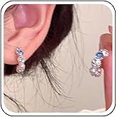 Yheakne Vintage Tiny Sapphire Pearl Hoop Earrings Blue Cz C Shape Earrings Tiny Pearl Open Hoop Earring Small Rhinestone Hoop Stud Earring Jewelry for Women