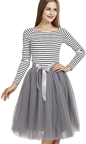 Feeto Women's 7 Layers Midi Tulle Petticoat TUTU Skirt with Elastic Belt (Gray)