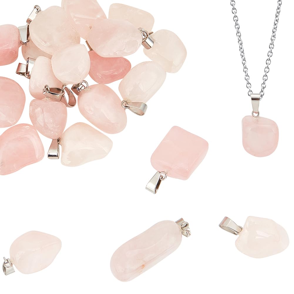 Beebeecraft 1 Box 20Pcs Rose Quartz Charms Crystal Pendants Bulk Faceted Nuggets Natural Stone Gem with Stainless Steel Snap on Bail Pendant Charm for Jewelry Making Necklace Bracelet DIY Crafts