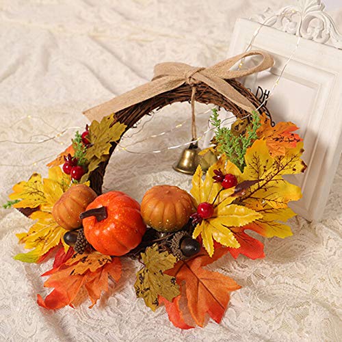 FUTUREPLUSX Wreath Autumn Harvest Maple Leaf, Artificial Pumpkin Maple Leaves Berries Fall Christmas Thanksgiving Harvest Wreath with Bell