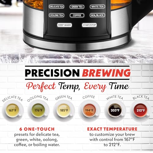 Gourmia Hervidor eléctrico de vidrio programable - Hervidor de té y café con control de temperatura de 1,7 L con pantalla táctil digital, 6 presintonías, mantiene caliente, infusor de acero inoxidable extraíble, base giratoria de 360° - Negro