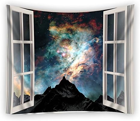 Custom Open Window Space Mountains Clouds Nature Snow Outer Night Stars One Side Home Decor Tapestry, Polyester Fabric Tapestries Wall Art Hanging 51 x 60 Inches