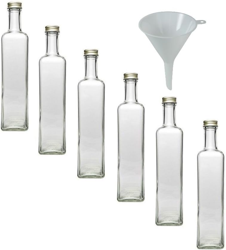 Viva Haushaltswaren - 6 x Glasflasche 500 ml mit Schraubverschluss, leere Flaschen zum Befüllen als Ölflasche, Schnapsflasche, Einmachflasche etc. verwendbar (inkl. Trichter Ø 9,5 cm)