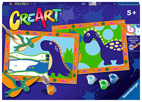Ravensburger CreArt 5 Years Junior: Dinosaurussen — Schilderij met cijfers voor kinderen vanaf 5 jaar, schilderset met 2 planken, ergonomisch penseel en kleuren inbegrepen