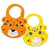 Animal Friends Silicone Baby Bib, Set of 2 :: Waterproof Silicone Bib with Pocket to Catch Food & Drool :: Easy Care, Washable, Dishwasher Safe :: Unisex with Tiger & Giraffe Prints by Walabi