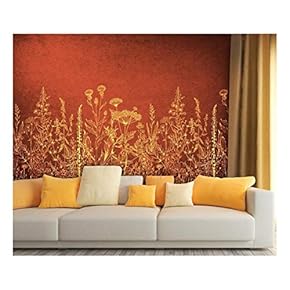 Large Wall Mural - Golden Flowers on Rustic Red Background | Self-Adhesive Vinyl Wallpaper/Removable Modern Wall Decor - 66x96 inches