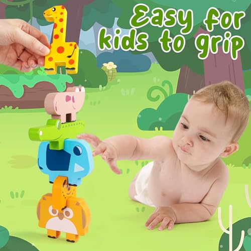 LOVESTOWN 10PCS Wooden Animals Stacking Blocks, Animal Stacking Toys Balance Game with Challenge Cards Montessori Toys for Toddlers Girls Boys 2 3 4 Year Old